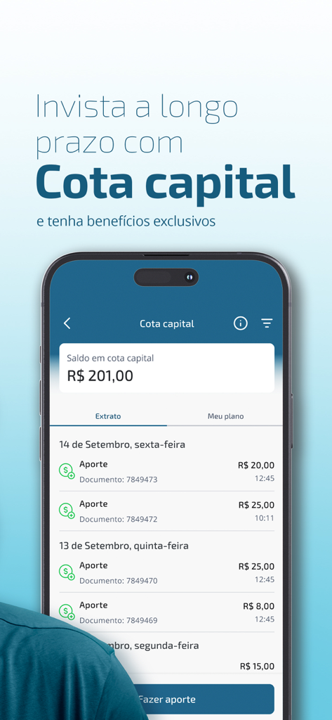 Mobile interface of Ailos plus app showing share capital balance and investment transaction history