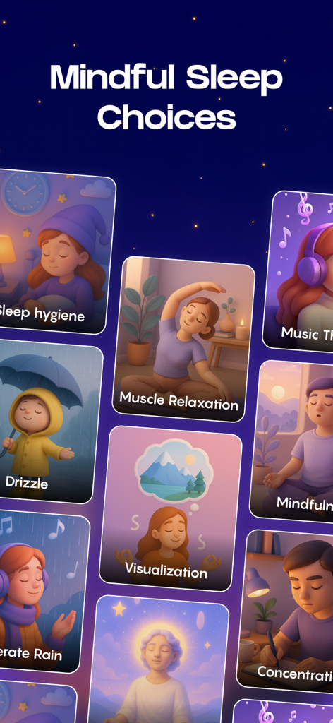 White Noise Sounds For Sleep - マッスルリラクゼーションや視覚化のようなリラクゼーションとフォーカス カテゴリを特徴とするマインドフルな睡眠選択インターフェース。