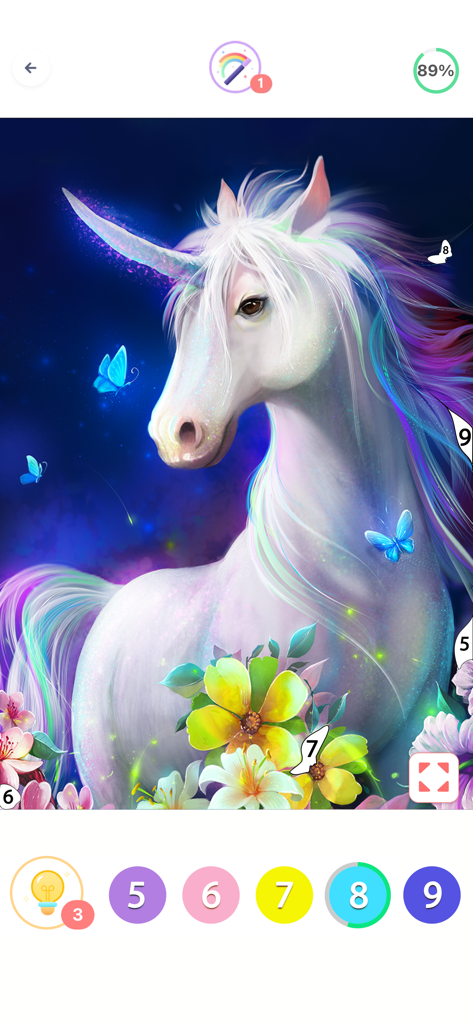 Coloring Fun : Color by Number - Unicorn illustration in the Coloring Fun mobile app interface
