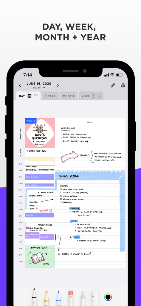 A smartphone screen showing the Pencil Planner app with colorful handwritten notes and sketches integrated into a digital daily schedule.