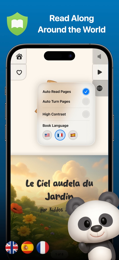 Interfaz de la aplicación Kiddos Books que muestra configuraciones para historias multilingües en inglés, francés y español