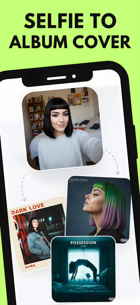 Tela de smartphone exibindo a transformação de uma selfie casual em três capas de álbum profissionais distintas geradas por IA.