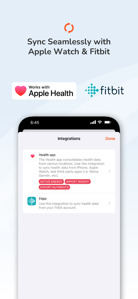Calorie Counter by Pro Tracker - Interface of the Pro Tracker calorie counter app highlighting seamless sync with Apple Health and Fitbit