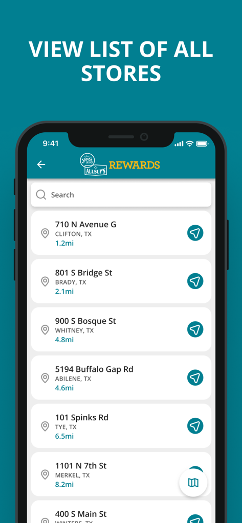Yesway & Allsup’s Rewards - A list of Yesway and Allsups store locations in Texas showing addresses and distances within the mobile app.