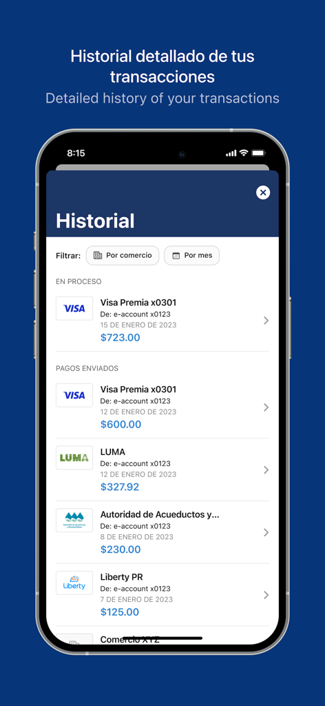 Detailed transaction history screen on the Mi Banco Mobile app showing recent payments and filters