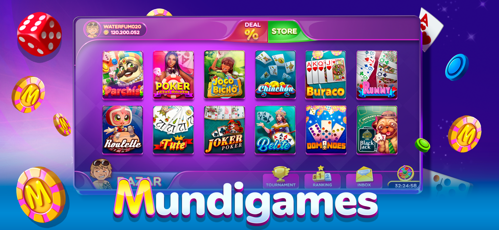 MundiGames - Social Casino - MundiGames Hauptlobby mit einer Auswahl an klassischen Brett- und Casinospielen wie Poker und Domino