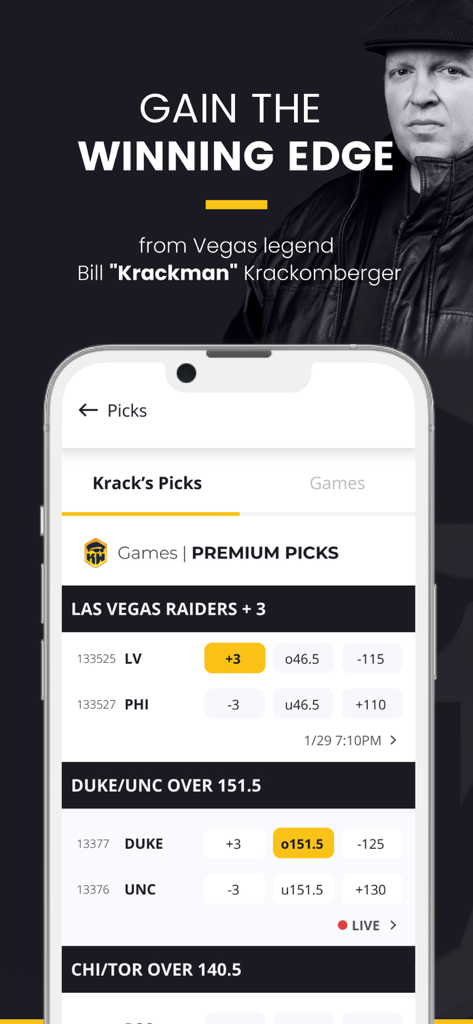 KrackWins - KrackWins app interface displaying premium sports betting picks and Vegas legend Bill Krackman.