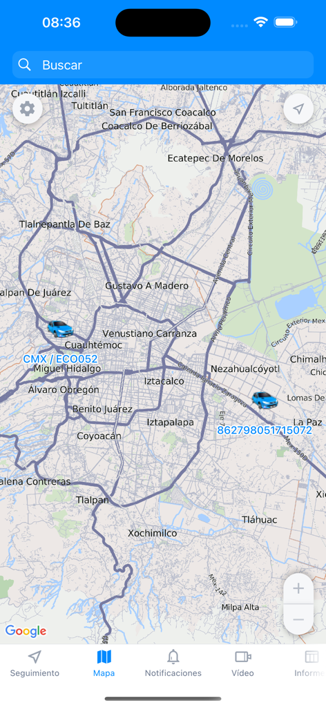 Blac Finder - Map view of the Blac Finder app showing tracked vehicles in real time