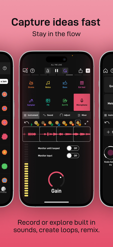 Endlesss - Multiplayer Music - Mobile interface of the Endlesss app showing music production tools for drums, synths, and recording.
