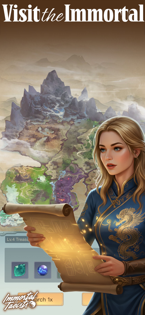 Immortal Taoists-MUD Wuxia - A female character in a blue dragon robe holding a glowing scroll in front of a fantasy world map.