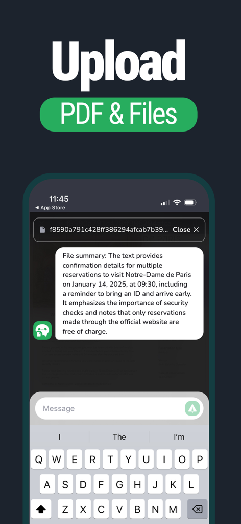 GoatChat - AI Chatbot - Mobile app interface of GoatChat AI providing a text summary of an uploaded PDF file