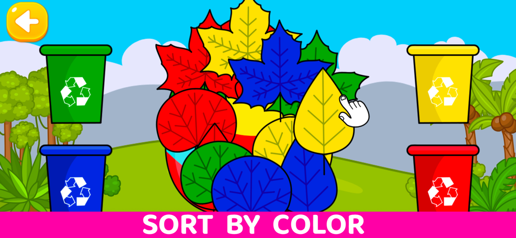 Dinosaur Games For Kids 2-7 - A toddler educational game screen showing colored leaves being sorted into matching colored bins