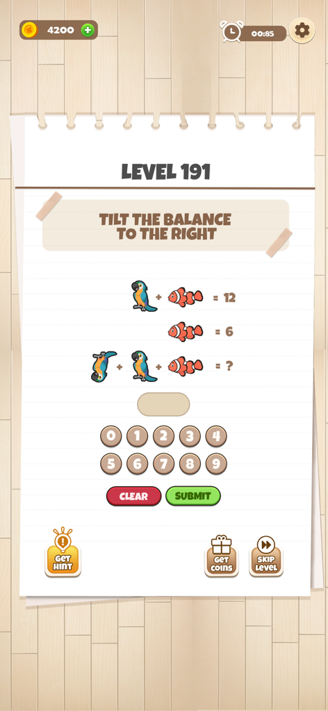 Brain King IQ Test Puzzle Game - A math logic puzzle on level 191 of Brain King IQ Test Puzzle Game featuring bird and fish icons.