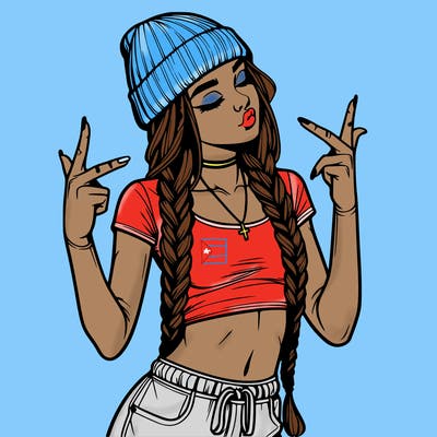 realistic teenage girl with braids and a beanie and crop top doing 🫶🏼