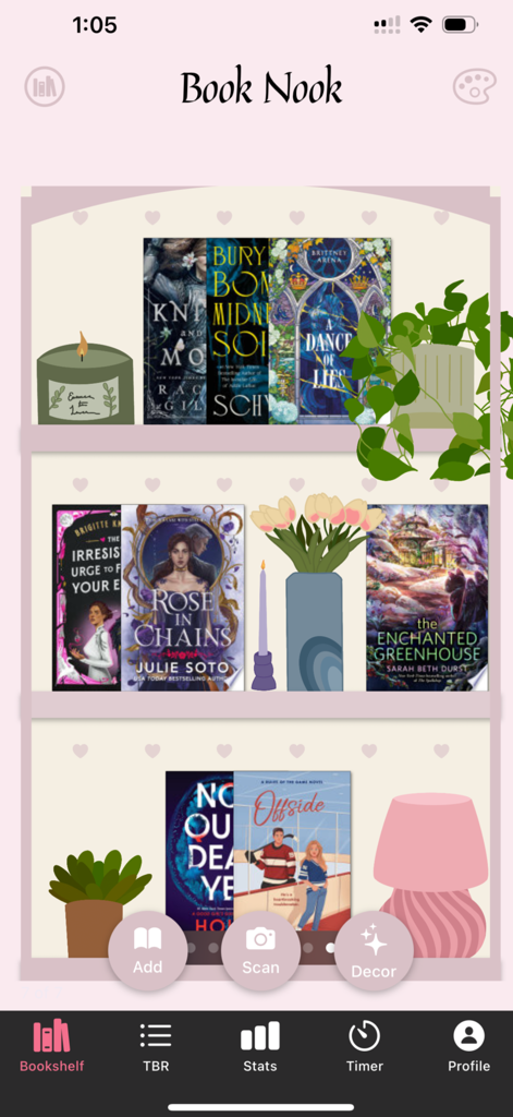 Bibliothèque virtuelle esthétique avec des livres et des décorations cosy dans l'application Book Nook