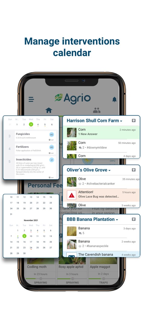Agrio - Plant diagnosis app - Agrio app dashboard showing a farm intervention calendar and crop monitoring notifications.