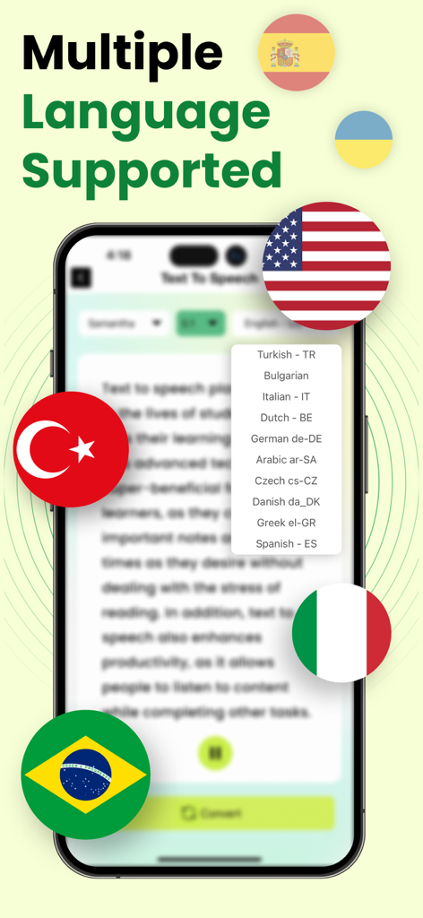 AI Text to Speech & TTS Reader - AI Text to Speech app screen showing multiple language support and international flags