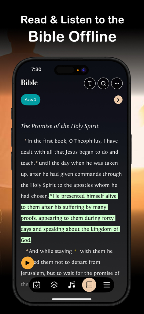 Interface de l'application Méditation Pain Quotidien pour Hommes montrant la section Bible avec du texte de Actes 1 et des commandes audio hors ligne
