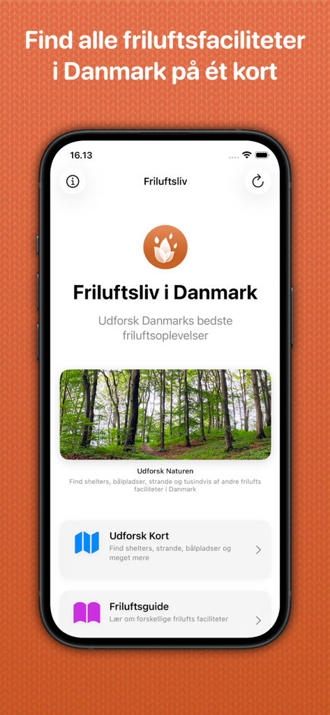 Outdoor Facilities in Denmark - 야외 시설 덴마크 앱의 홈 화면, 지도 및 야외 가이드 탐색 옵션 표시