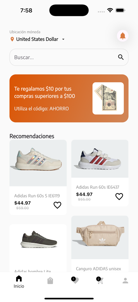 Ecuadelivery - Startbildschirm der Ecuadelivery mobilen App, der Produktempfehlungen für Schuhe und Taschen mit einem Rabattbanner zeigt