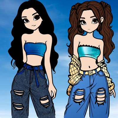 2 girls in crop tops and baggy jeans ripped