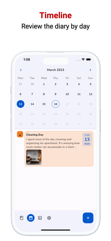 Diary with Lock, Photo, Video - Timeline view of the diary app showing a monthly calendar and a journal entry with a photo and mood icon