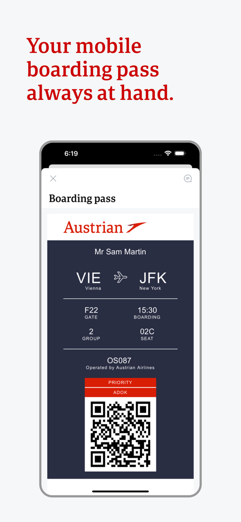 Austrian Airlines app interface displaying a mobile boarding pass for a flight from Vienna to New York