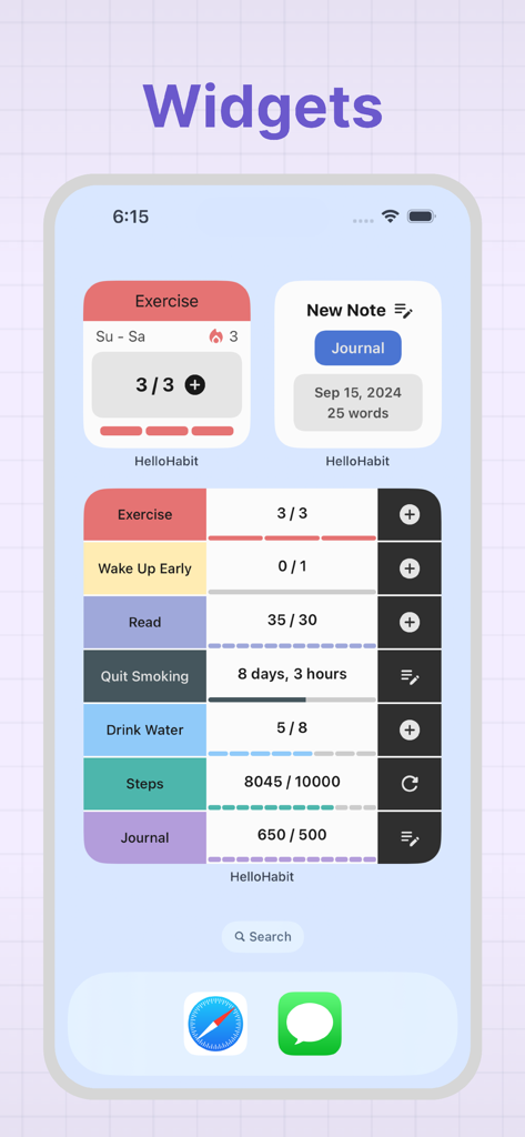 HelloHabit - Habit Tracker - HelloHabit mobile app widgets on an iPhone home screen showing habit tracking and journaling progress