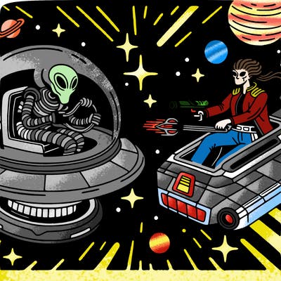 alien in a spaceship versus a woman in a space ship cool comic theme in space