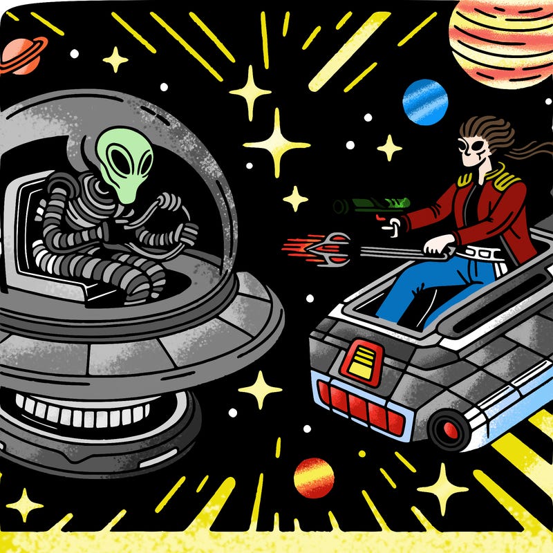 alien in a spaceship versus a woman in a space ship cool comic theme in space