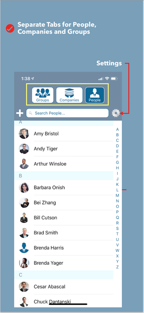 Interface do aplicativo Contatos por Empresa mostrando abas de navegação separadas para Pessoas, Empresas e Grupos com uma exibição de lista de contatos
