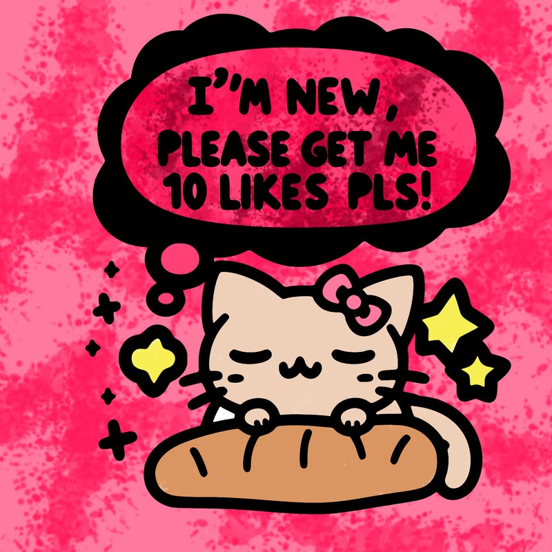 kitty taking a nap dream talking and saying "i'm new, please get me at least 10 likes pls!!"