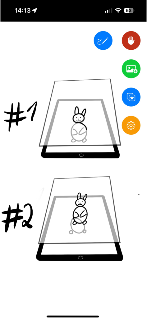 CoPi - Diagrama mostrando como traçar um coelho no papel e digitalizar desenhos usando o aplicativo CoPi