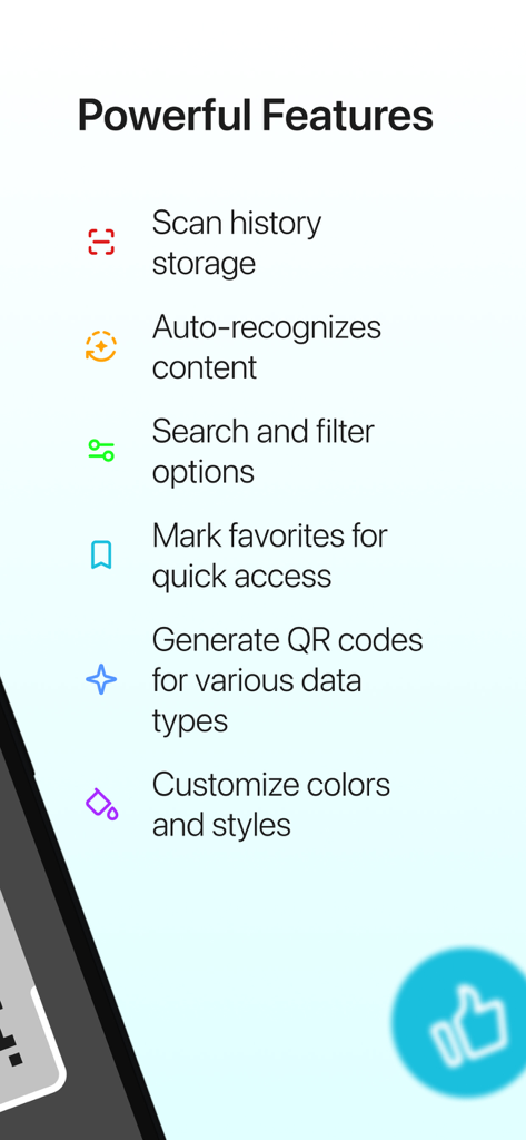 Smart QR Scanner & Maker - A list of powerful features for the Smart QR Scanner and Maker app including scan history and customization options.