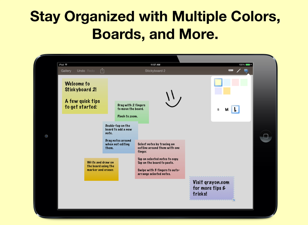 Stickyboard 2 - iPad displaying Stickyboard 2 app with colorful digital notes and a drawing on a white background