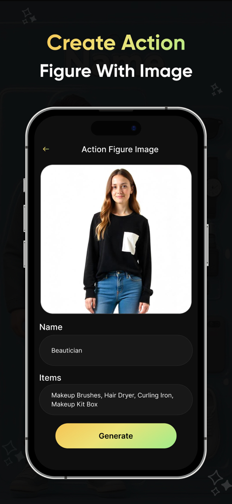 Interface do aplicativo AI Doll Maker mostrando a tela de criação de uma figura de ação 3D a partir de uma foto