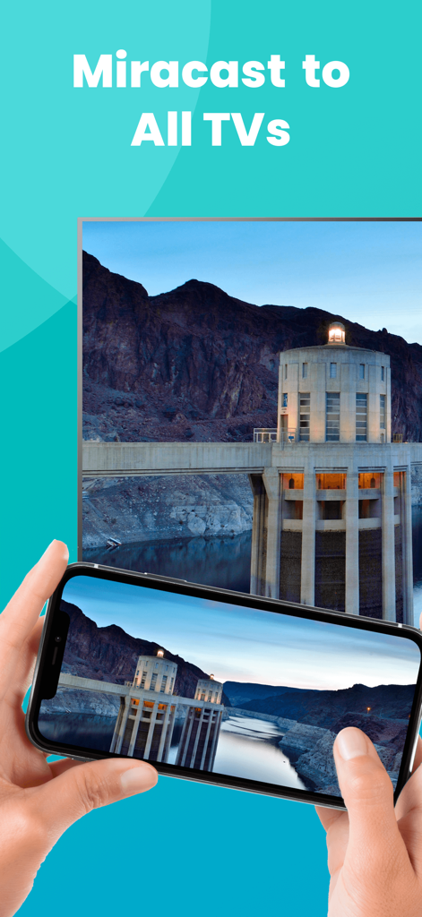 An iPhone screen mirroring a landscape photo to a large smart TV using the Miracast app.