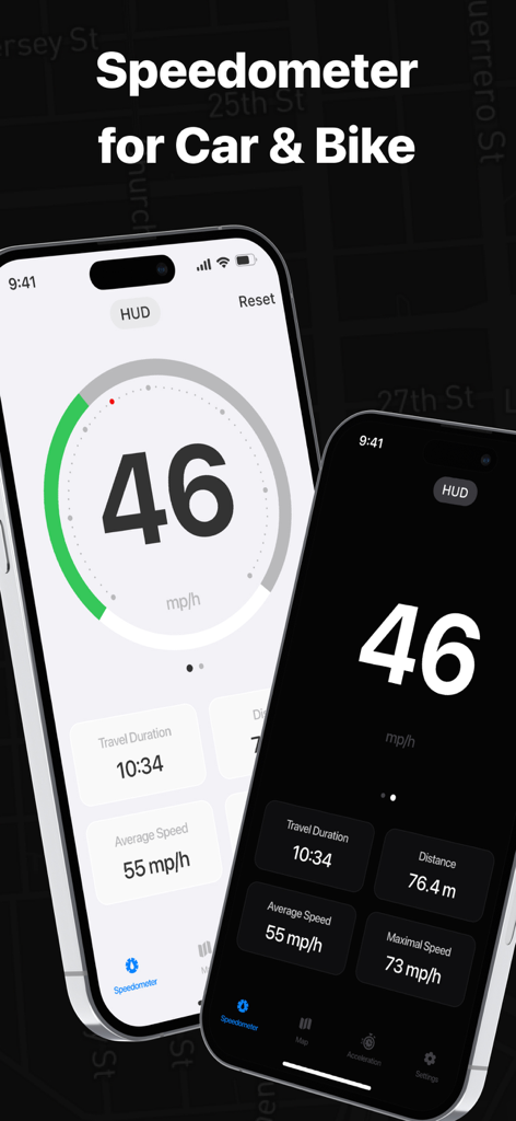 Interfaz de la aplicación Speedometer Speed Tracker Pro en iPhone mostrando velocidad digital y métricas de viaje en modos claro y oscuro