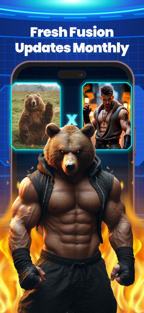 AI Fusion: Hero Animal Merge - A muscular hybrid character with a bear head and warrior body created through AI fusion.