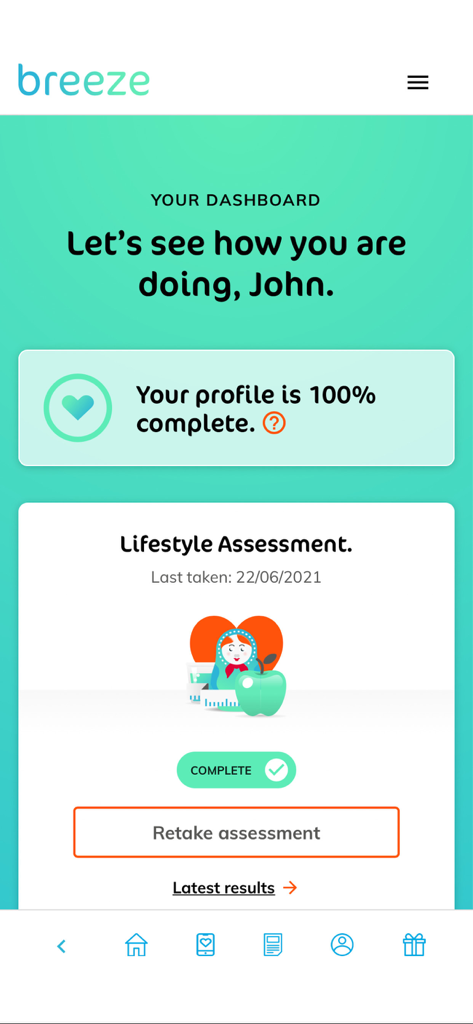 Breeze: Health & Wellbeing - Breeze Health and Wellbeing app dashboard showing a completed lifestyle assessment and user profile status.