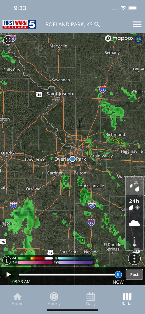 KCTV5 First Warn 5 Weather - KCTV5 First Warn 5 Weather app radar map showing local precipitation over the Kansas City metropolitan area.