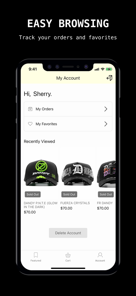 Pantalla de cuenta de la aplicación móvil DandyHats con secciones para rastrear pedidos y administrar artículos favoritos