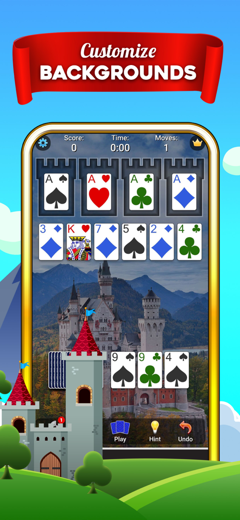 Castle Solitaire: Card Game - Tela de jogabilidade do Castle Solitaire mostrando um fundo de castelo personalizado e layout de cartas