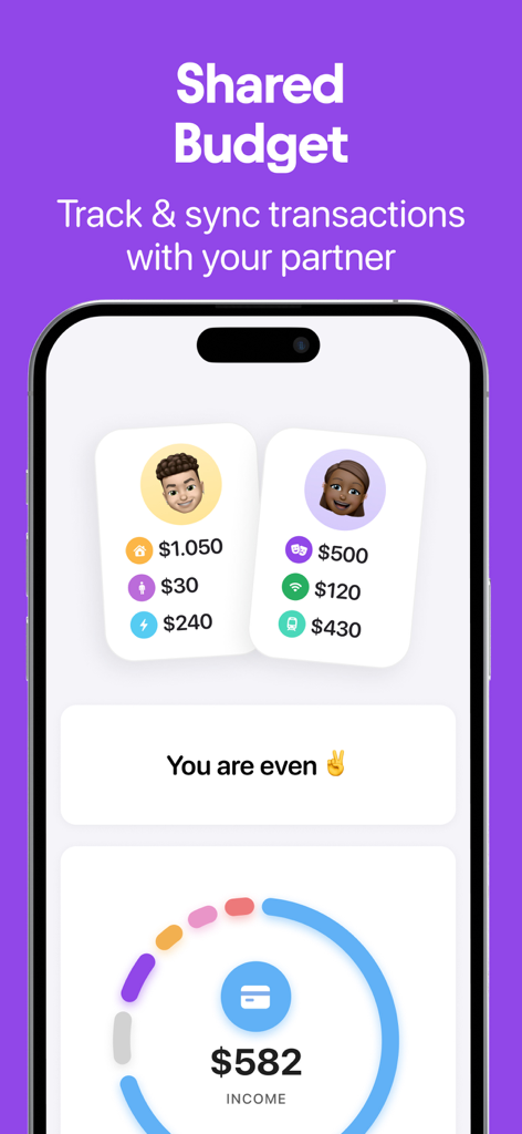 Interfaz de la aplicación Buddy que muestra el seguimiento de presupuestos compartidos y la sincronización de transacciones entre parejas