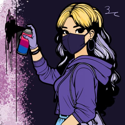 realistic girl with mask spray painting a wall