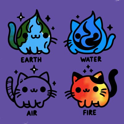 4 cats that represent the different elements, earth, water, air, and fire