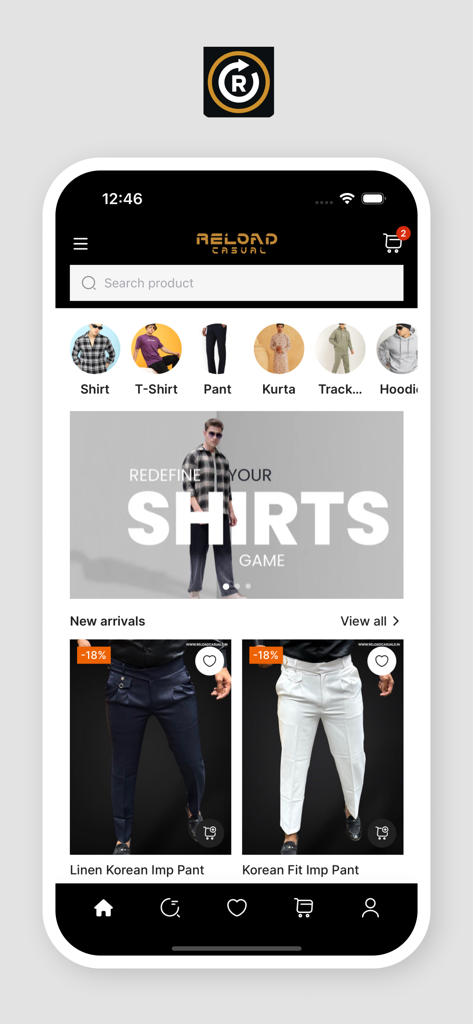 Reload Casual - Reload Casual mobile shopping app home screen featuring menswear categories and new arrivals.