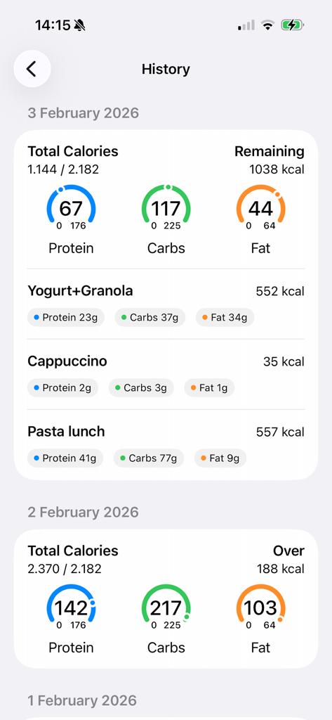 NutriSmart -  Macros tracker - Pantalla de historial de NutriSmart con seguimiento de calorías diario y desglose de macronutrientes.
