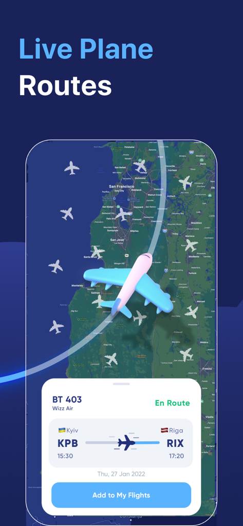 Flight Tracker & Radar - A mobile app screenshot showing live airplane routes on a map with detailed flight status and arrival times