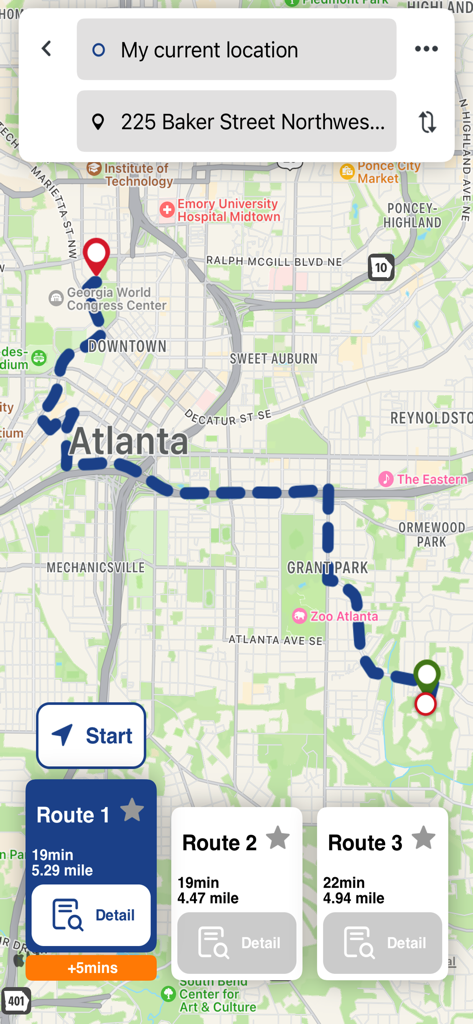 A map interface of the 511 Georgia app showing three different route options and travel times for a trip in Atlanta.